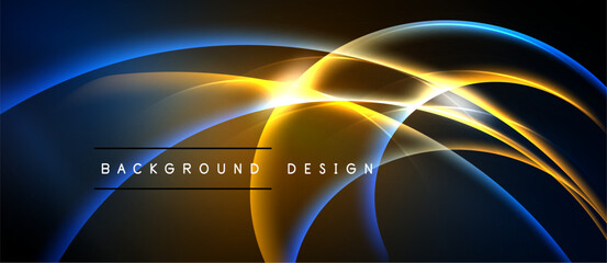 Abstract design features flowing lines, vibrant blues, oranges. Dynamic curves create luminous effect against dark backdrop. Modern, elegant presentation.