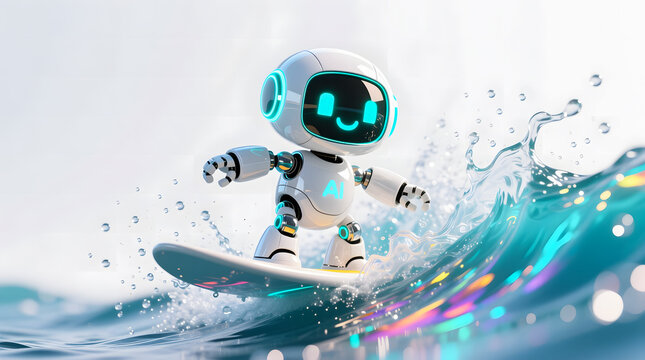 A cute AI robot in a dynamic surfing pose, riding a wave and enjoying the summer fun.