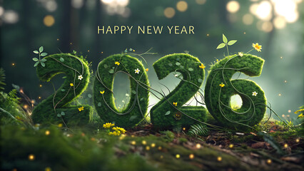 Happy new year 2026 moss numbers in a magical forest setting
