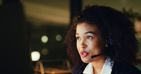 Woman, headset and computer at office, call center or night with contact at insurance company....