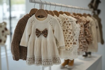 Handgemachte Babykleidung aus Strick auf Kleiderb&uuml;geln in heller Boutique