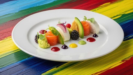 A gourmet appetizer with salmon, avocado, and colorful elements on a white plate