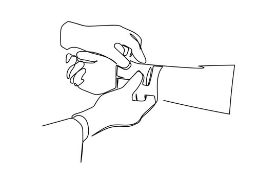 A continuous line of the nurse's hand is dressing a wound on the patient's wrist. Single line draw design vector graphic illustration Editable stroke.