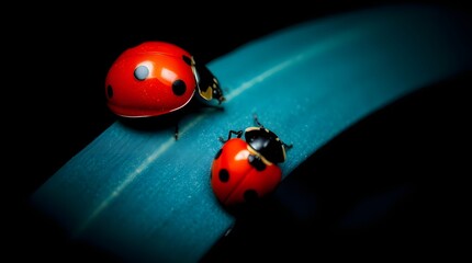 Naklejka premium Two vibrant ladybugs with striking red shells and black spots gently resting on a deep green leaf, bathed in dramatic, soft light, creating a beautiful contrast against the dark background