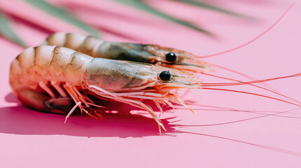 two uncooked prawns with long antennae rest on a vibrant pink background under natural light casting soft shadows beside a blurred green leaf for minimal, fresh seafood styling