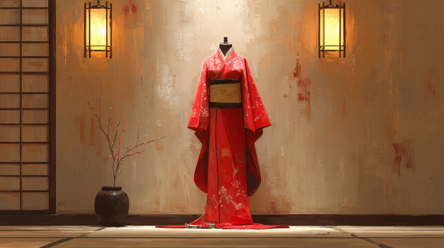 Bright red kimono with gold obi on mannequin, minimalist Japanese interior setting with tatami floor and paper lamps, ai generated images.