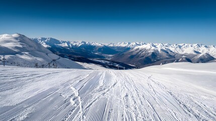 Majestic winter ski resort scene snowcapped peaks bathed in bright sunlight evoke a serene alpine landscape