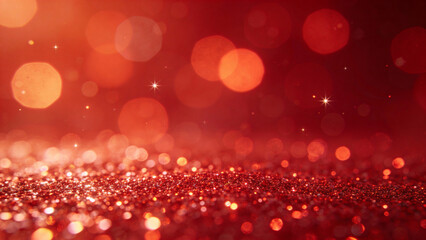 Red glitter surface with bokeh lights and sparkling particles in a festive background