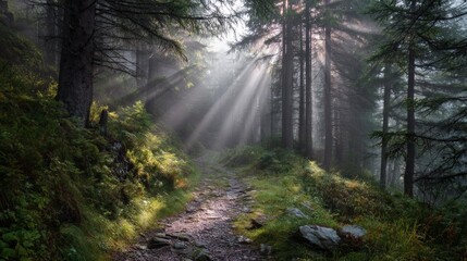Fototapeta premium Sunlit Forest Path Winding Through Tall Evergreen Trees.