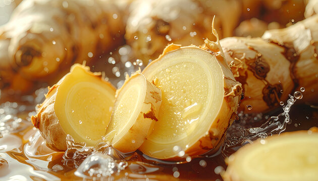 Fresh galangal root slices with water splash, herbal food concept