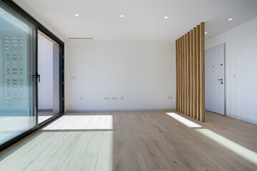 Minimalist room with wood divider and sliding glass door