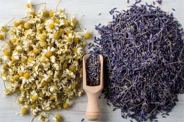 Dried Chamomile and Lavender Flowers Flat Lay