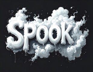 Digitally rendered "SPOOK" in bubbly font, surrounded by clouds