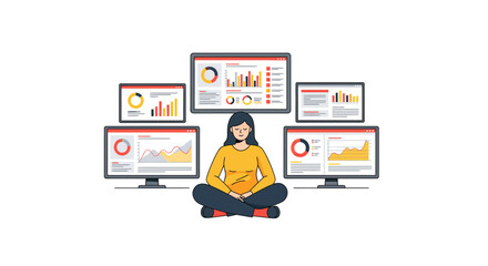 Calm businesswoman meditating surrounded by multiple screens displaying vibrant financial data analytics and performance charts