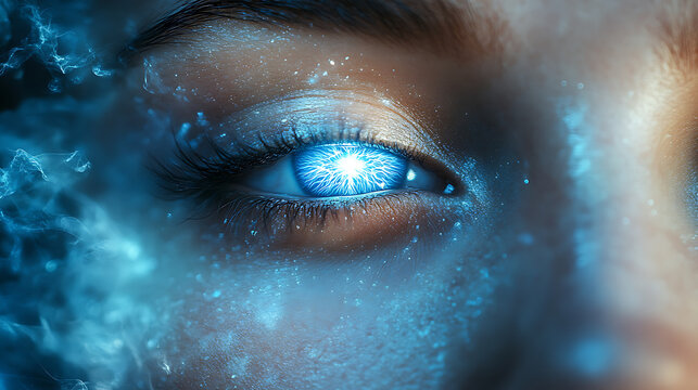 Human eyes closed with third eye open, emitting soft silver light 