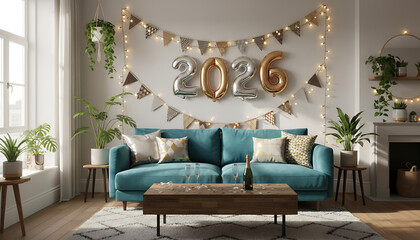 Cozy living room decorated for New Year's celebration with balloons and lights