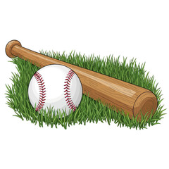 Baseball and Bat Resting on Grass A Classic Sports Scene.