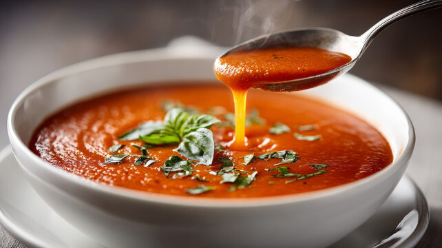 Hot tomato soup in a bowl with basil and spoon, steaming.