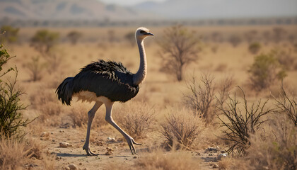 Naklejka premium Ostrich walking across desert landscape, wildlife scene showing movement, arid environment and adaptation of large bird to dry natural conditions