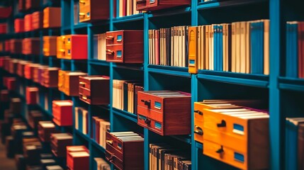 A comprehensive library card catalog with organized drawers