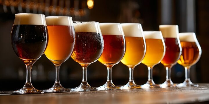 A blurred background enhances the beauty of diverse beers. 