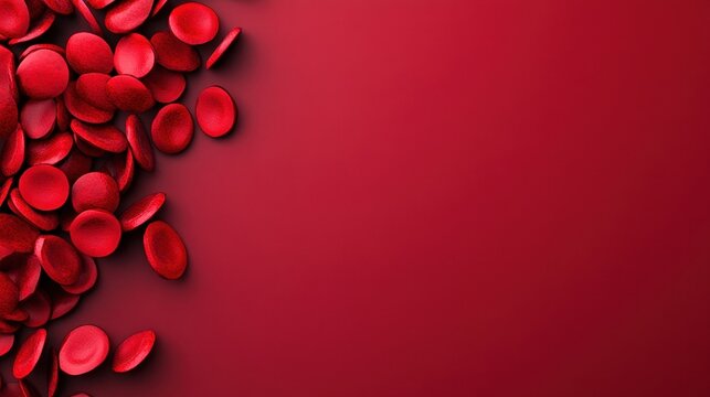 A scattering of round, red objects in varying sizes and orientations on a deep red background creates a striking monochromatic effect.