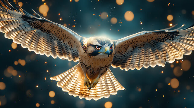 Hawk in flight with third eye open and light trail behind 