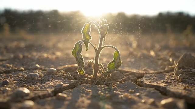 Wilting plant on cracked earth in parched landscape with sunset glow