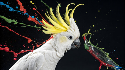 Striking studio portrait of a sulphurcrested cockatoo with vibrant, colorful paint splashes exploding dramatically around its bright yellow crest against a dark background