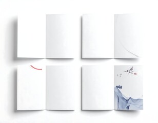 Four brochures, different designs, are displayed open on a white surface
