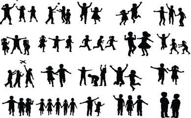 Silhouettes of children playing and jumping in various poses