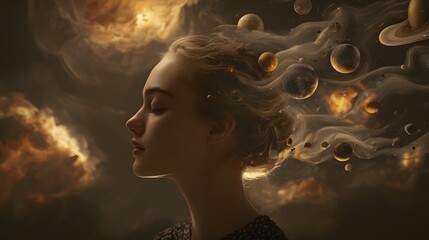 Dreamlike portrait of a woman lost in cosmic wonder a serene imaginative universe unfolds within her gaze