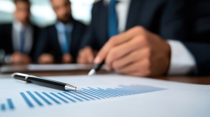 A close-up of a financial report featuring blue bar graphs and a black pen, with blurred business professionals in the background, indicating a meeting discussion or analysis.