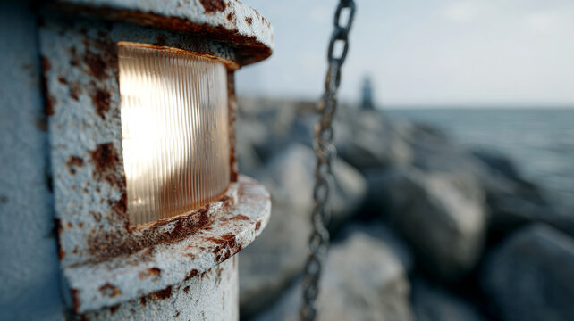Rusty metal light post by rocky coastline with lighthouse in distance