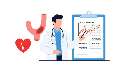 Professional doctor explains blood pressure monitoring results showing heart health and vascular condition awareness