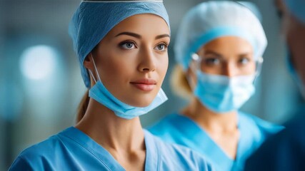 A young female doctor in a sterile hospital environment demonstrates mindfulness and readiness before surgery. Her serene expression highlights dedication and healthcare expertise