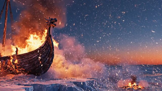 Up Helly Aa Viking Festival With Flaming Longship, Snow Mist, and Dramatic Sparks