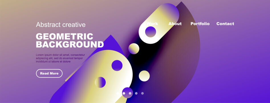 Abstract website header design. Vibrant colors, geometric shapes, text elements present. Modern aesthetic, clean layout.