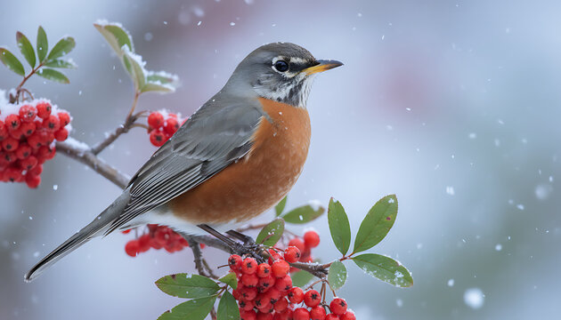 American robin perched on snow-covered branch with vibrant red berries