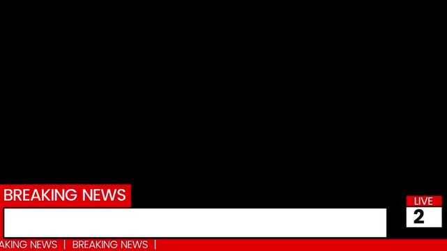 breaking news banner and scrolling ticker on black screen