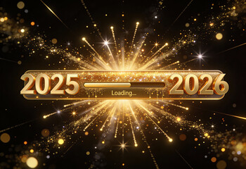 Happy new year is loading from year 2025 to 2026 celebration transition with golden sparkles fireworks on dark backdrop