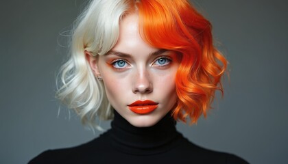 Young woman with half blonde and half orange curly hair. Blue eyes, orange lips. Studio portrait, black turtleneck. Fashionable look, vibrant makeup.