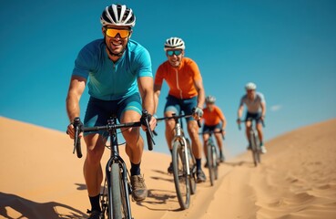 Men cycle in desert landscape under bright sun. Friends ride bikes on sandy terrain wearing helmets and sport gear. Team enjoys outdoor adventure and fitness activity.