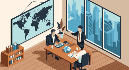 Three professional businessmen collaborate on global strategies during an important corporate meeting in a modern office overlooking a bustling cityscape.