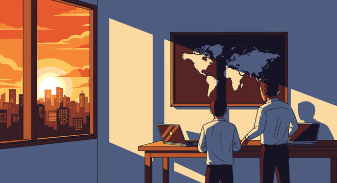Two dedicated professionals in a sun-drenched office observe a world map, planning global strategies as a breathtaking sunset paints the city skyline outside. - Powered by Adobe