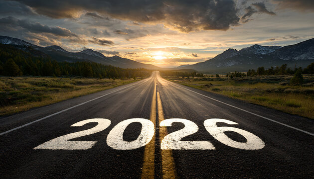 Looking ahead to "2026": A road to future vision. The image features an arrow pointing the road towards 2026 with a beautiful sky and mountains in background.