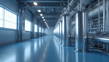 Obraz premium Industrial cryogenic facility hallway lined with polished metal tanks, complex pipework. Large windows let in light, illuminating clean blue floor. Advanced tech for liquid gas storage, transport.