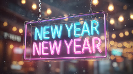 Glowing Neon New Year Sign in Pink and Blue Hanging in Festive Urban Setting


