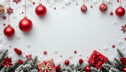 Fototapeta premium Świąteczne białe zimowe tło z bombkami i prezentami. Miejsce na tekst