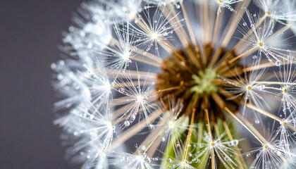 Obraz premium Close-up of a dandelion seed head, wet with tiny water droplets